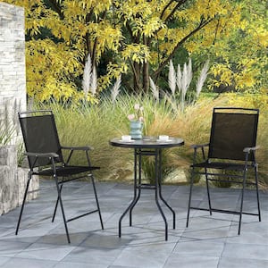 3-Piece Swivel Metal Patio Conversation Set Outdoor Bar Stool Set with DPC Tabletop Umbrella Hole and Footrest 2 Chairs