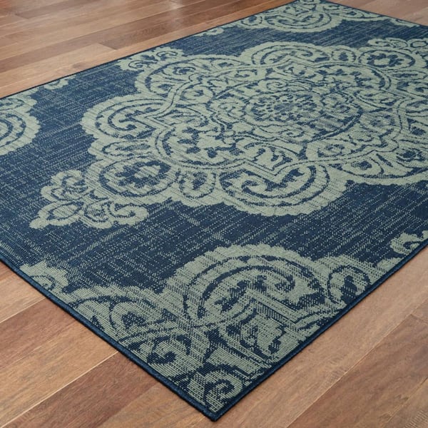 Blue 2 ft. x 4 ft. Loomed Oriental Polypropylene Rectangle Indoor/Outdoor Area Rug