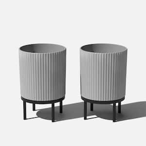 Demi 16 in. Raised with Stand Round Gray Plastic Planter with Black Stand (2-Pack)