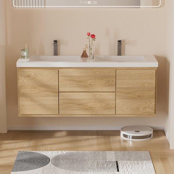 Equinox 60 in. in. W x 19-5/8 in. in. D x 22-1/2 in. in. H Floating Bath Vanity in Natural Oak White Resin Top Assembled