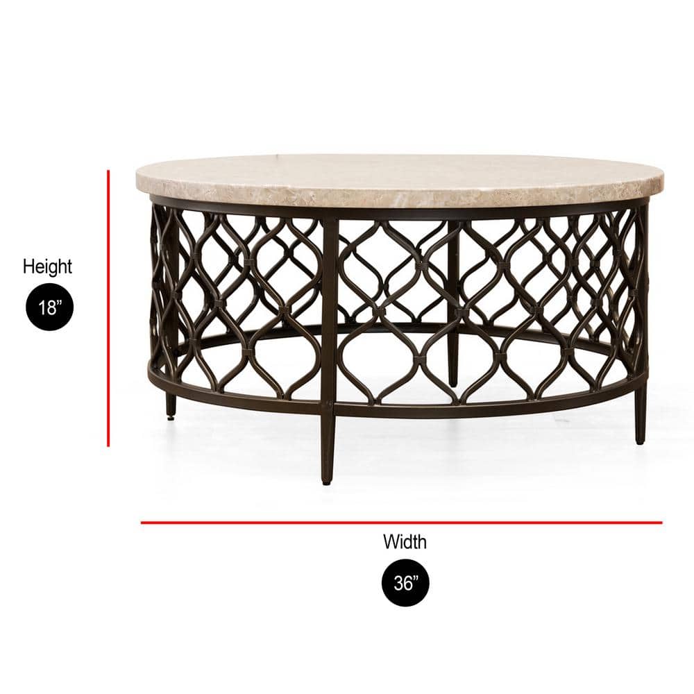 Roland Round White Stone Top Coffee Table with Bronze Metal Base