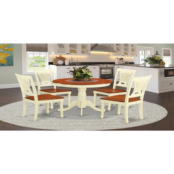 East West Furniture 5-Piece Round Buttermilk and Cherry Finish Solid Wood Top Dining table with 4 Chairs with Lattice Back