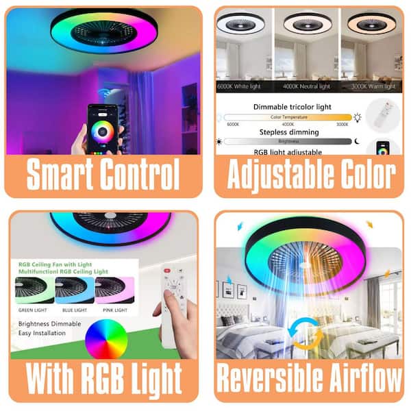 23.2 in. Indoor Black and White Ceiling Fan Light with LED RGB-Dimmable and Color-Changing, APP & Remote Control, Smart