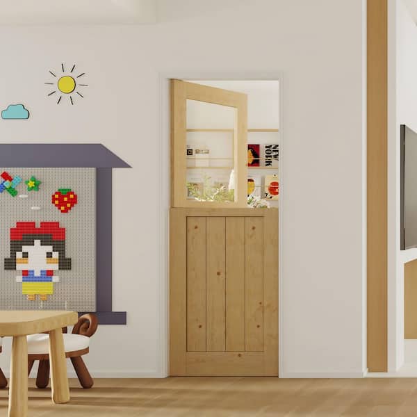 30 in. x 80 in. Finished Interior Dutch Door, Half Clear Glass Solid Core Natural Pine Wood Split Single Door Slab