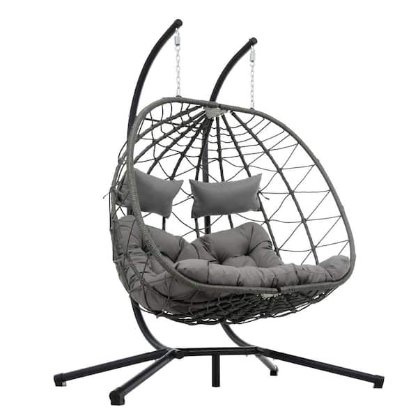 Large 2-Person Gray Wicker Patio Swing Egg Chair with Black Stand Outdoor Swing with Gray Cushion High Load Bearing