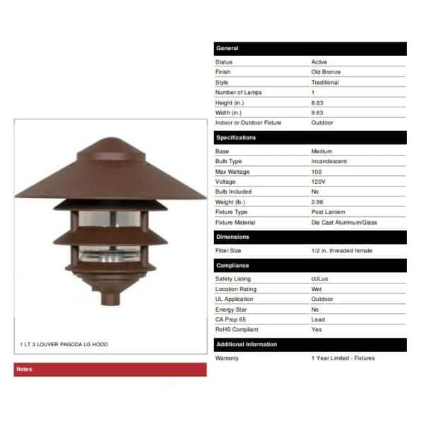 Old Bronze 10" Metal Pagoda Pathway Light with Large Hood