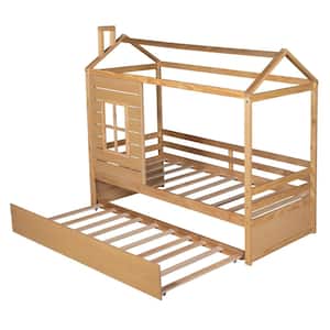 Wood Natural Twin Size House Bed with Trundle