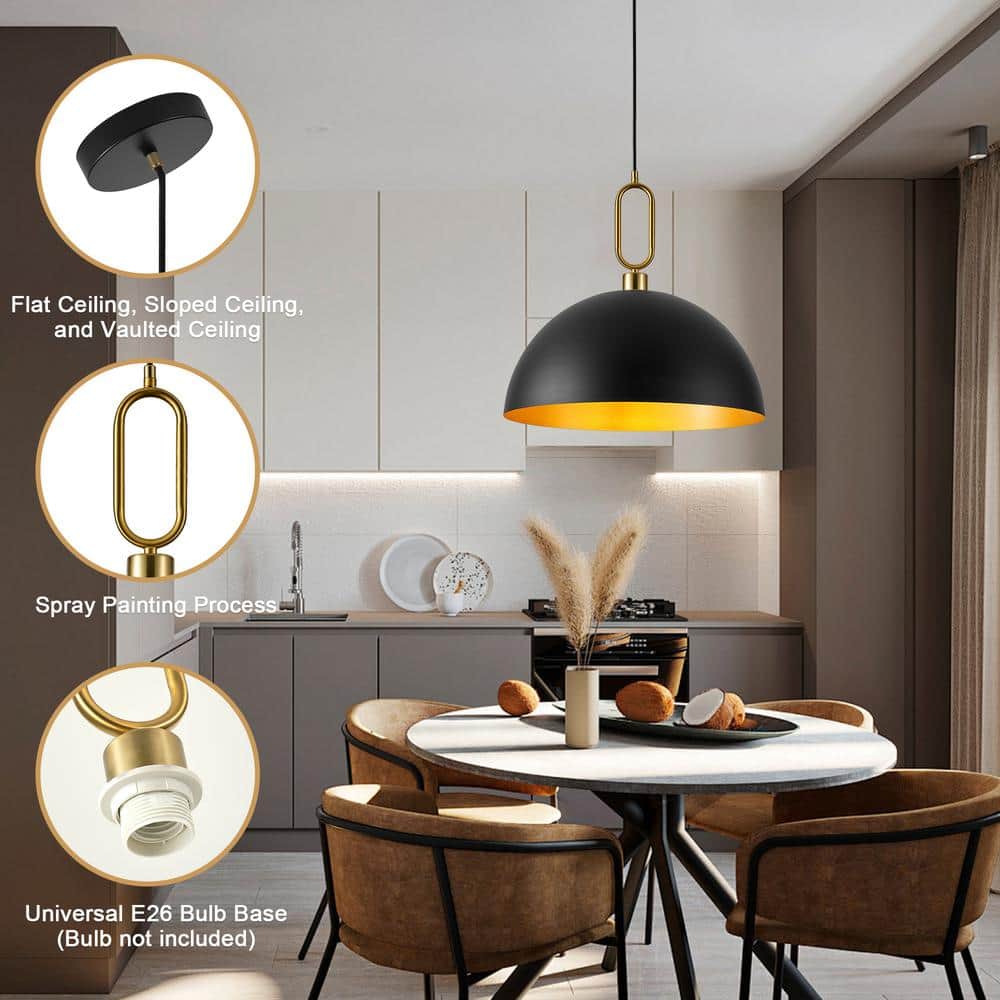 Large Black and Gold Metal Dome Pendant Light for Kitchen Island