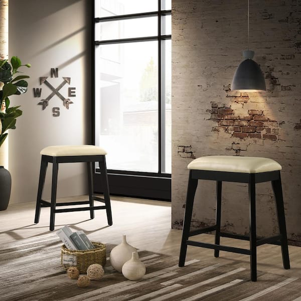 Mirabelle 25 in Cream Backless Wood Frame Counter Height Stool with Faux Leather Seat (Set of 2)