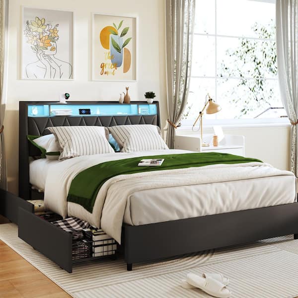 Atlas Black Upholstered Faux Leather Wood Frame Queen Platform Bed with Storage Headboard, Drawers, Charge Station, LED