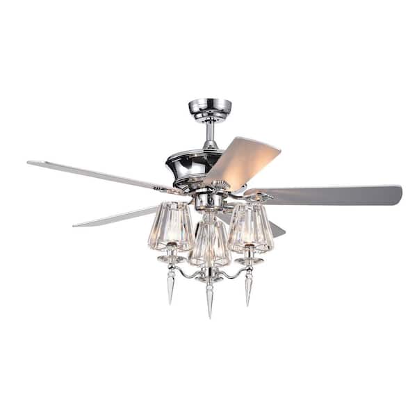 Edvivi 52 in. Indoor Ceiling Fan with Light, Chrome Finish and 3 Crystal Shades, Remote Control Light Kit