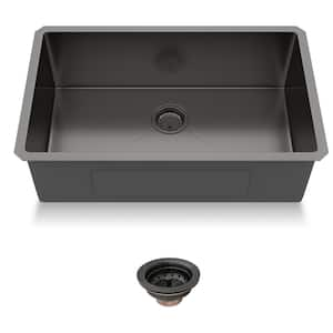 30 in. x 18 in. Gunmetal Black Undermount Single Bowl 16-Gauge Stainless Steel Kitchen Sink with Basket Strainer