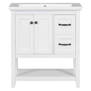 30 in. W x 18 in. D x 34 in. H Single Sink Bath Vanity in White with White Ceramic Top, Open Shelf, 2-in-1 Drawer