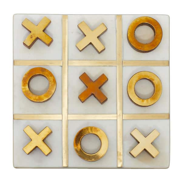 Litton Lane White Marble Tic Tac Toe Game Set with Gold Inlay and