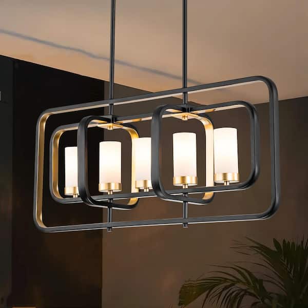 RRTYO Mager 5-Light Matte Black Industrial Rectangular Linear Chandelier with Frosted Opal Cylindrical Glass Shade