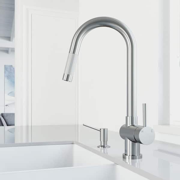 VIGO Gramercy Single Handle Pull-Down Spout Kitchen Faucet Set with Soap Dispenser in Stainless Steel