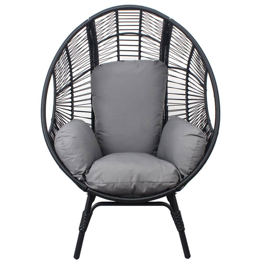 Black Wicker Outdoor Lounge Chair, Patio PE Rattan Egg Chair with Grey Cush
