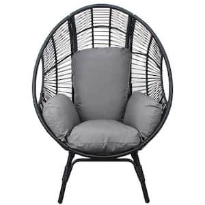 Black Wicker Outdoor Lounge Chair, Patio PE Rattan Egg Chair with Grey Cushions for Garden, Lawn, Backyard