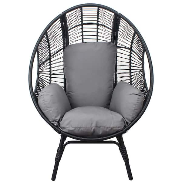 Black Wicker Outdoor Lounge Chair, Patio PE Rattan Egg Chair with Grey ...