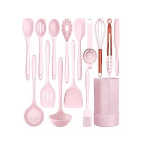 15-Piece Silicon Cooking Utensils Set with Wooden Handles and Holder for Non-Stick Cookware, Pink