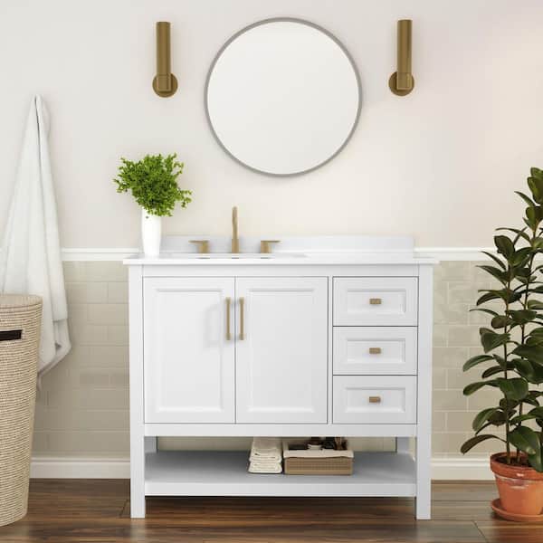 Vega 42 in Bathroom Vanity w/Sink, Storage Cabinet, Open Shelf, Carrara White Stone Marble Finish Countertop, White/Gold
