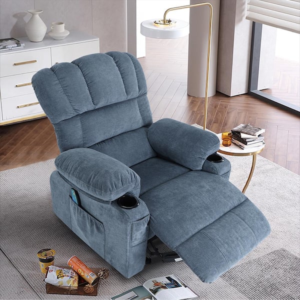 IDEAGLE Blue Recliner Chair Homestock Recliner Massage Heating sofa with USB and side pocket, 2-Cup Holders