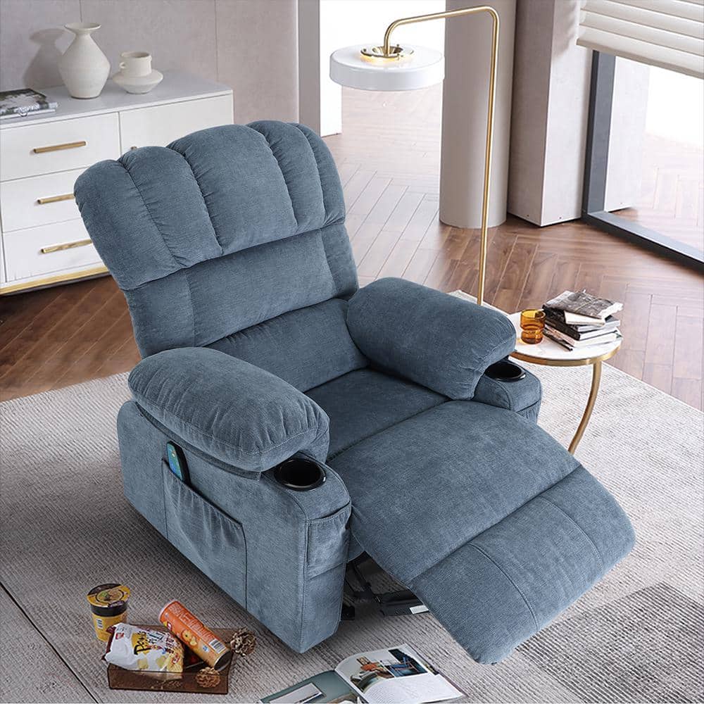 Blue Recliner Chair Homestock Recliner Massage Heating sofa with USB and side pocket, 2-Cup Holders