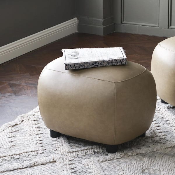 Khaki Faux Leather Upholstered Footrest Round Ottoman