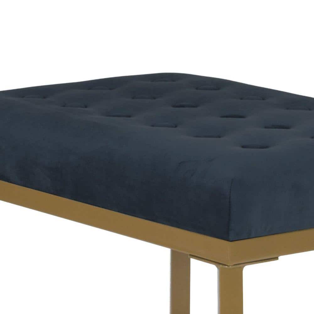 Dark Blue Velvet Upholstered Bench with Gold Metal Frame