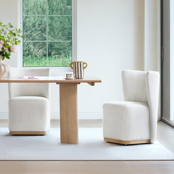 SPRUCE & SPRING Lysandra White Fabric Modern Dining Chairs with Casters Base and Solid Wood Frame for Kitchen and Dining Room (Set of 2)