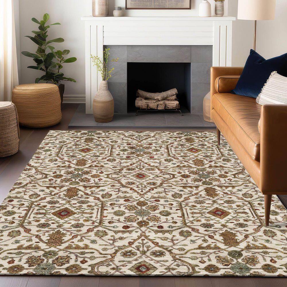 Ivory and Multicolor Synthetic Flat Woven Washable Rug, 5' x 7'