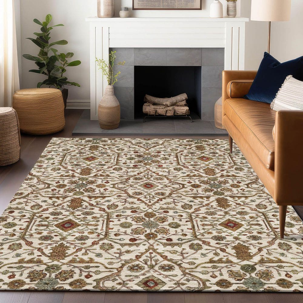 Ivory and Multicolor Synthetic Flat Woven Washable Rug, 5' x 7'