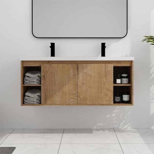 ANGELES HOME 48 in. W x 18 in. D x 20.5 in. H Wall Mounted Bath Vanity in Oak w/ White Resin Top Double Sink, Soft Closing Door Hinge