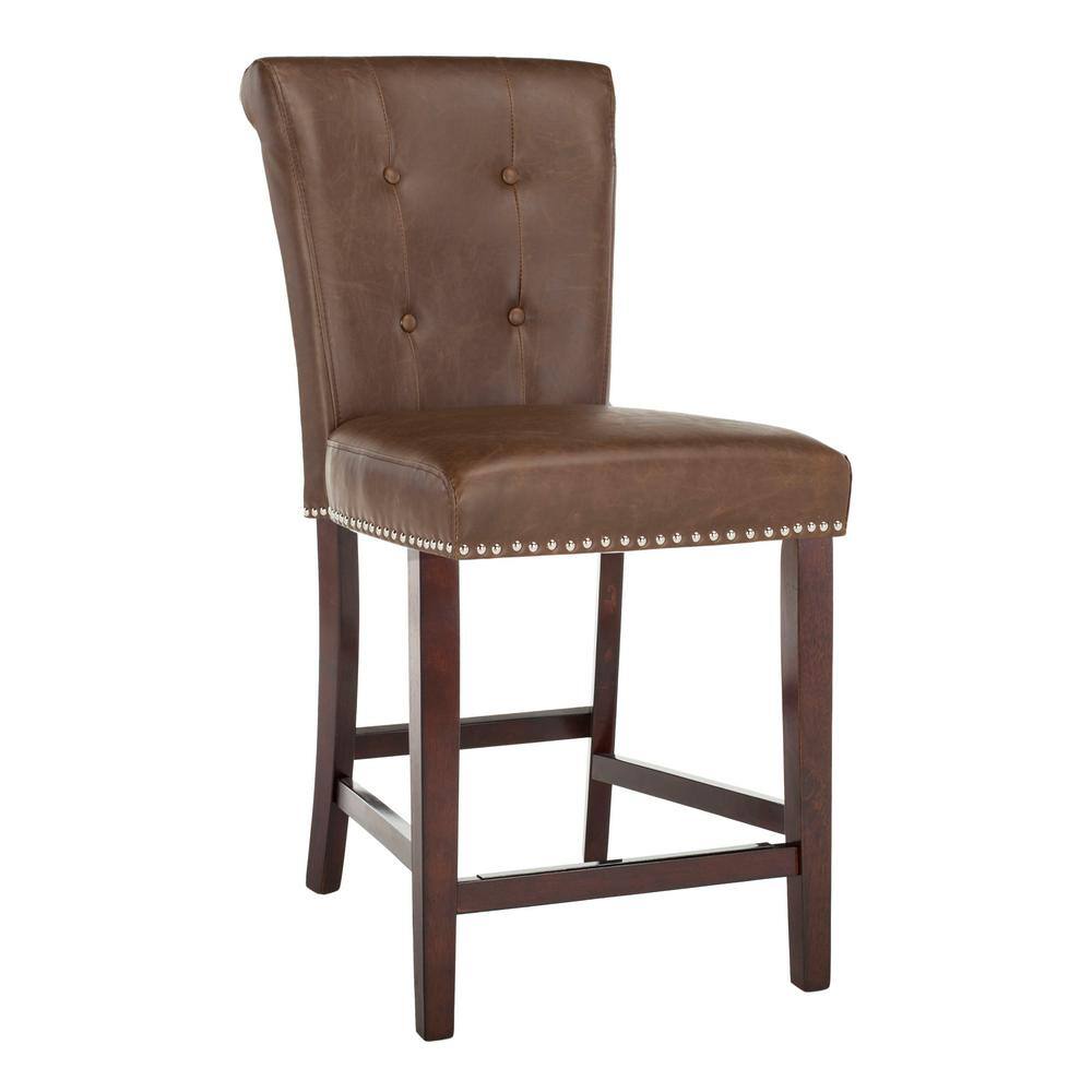 Transitional Tufted Brown Leather Counter Stool - Set of 2