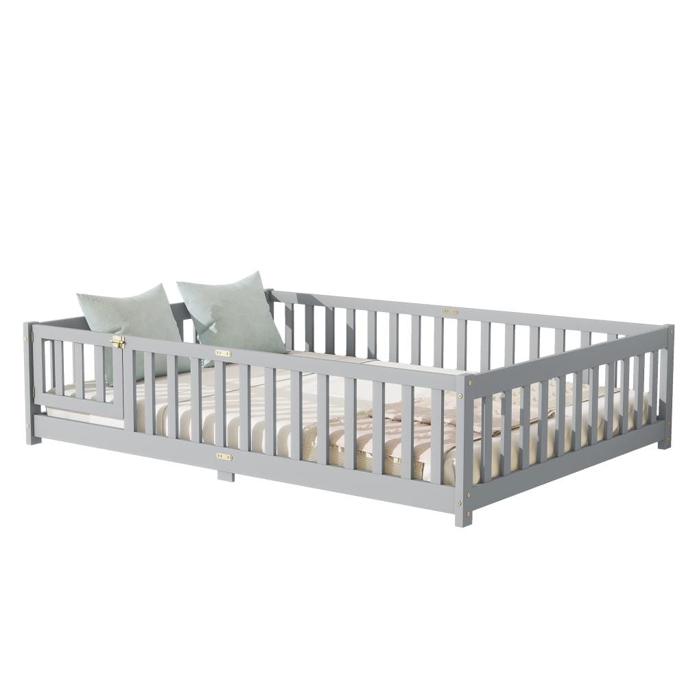 Grey Rubber Wood Full Platform Bed with Safety Guardrails and Fence Door durable construction price history on PriceWatchPro