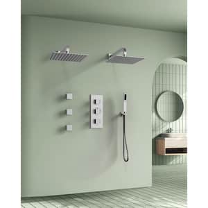 Thermostatic Valve 8-Spray 12 in. and 12 in. Wall Mount Dual Shower Head and Handheld Shower in Brushed Nickel