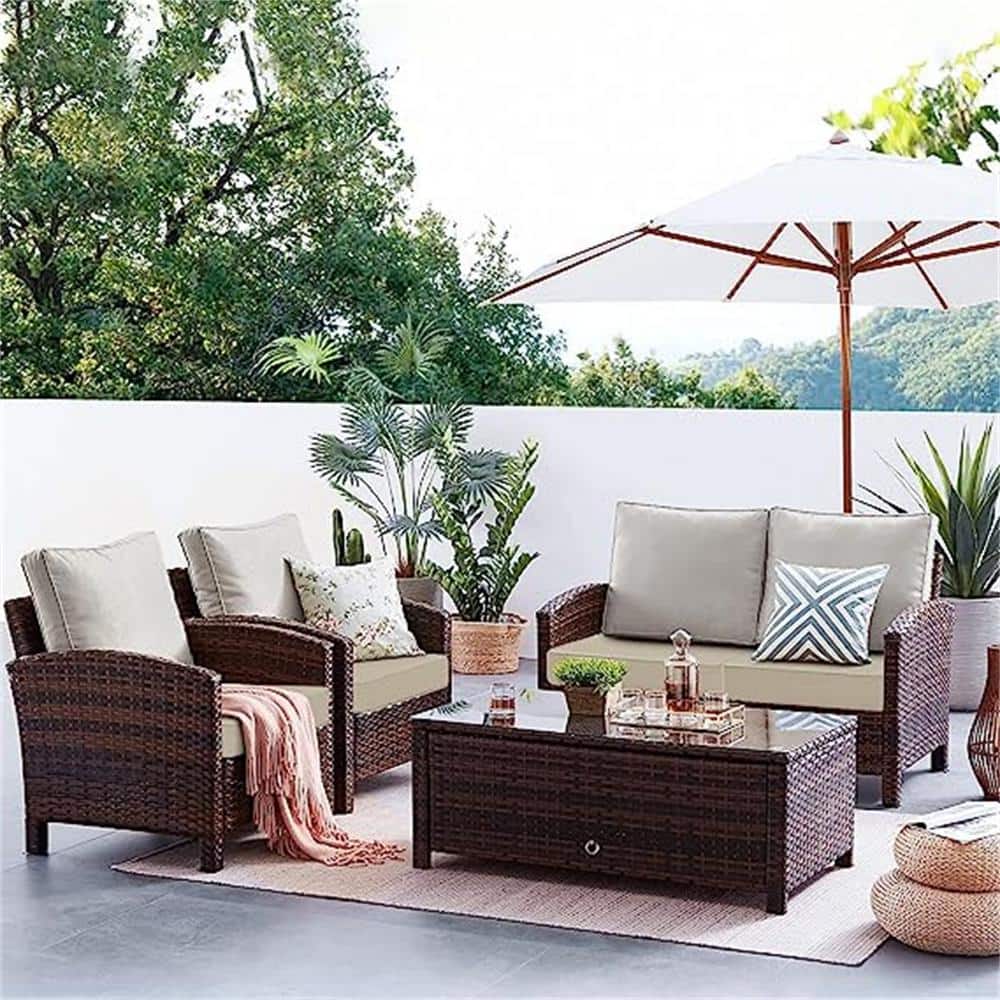 Beige Foam Waterproof Outdoor Chair Cushions Set of 2