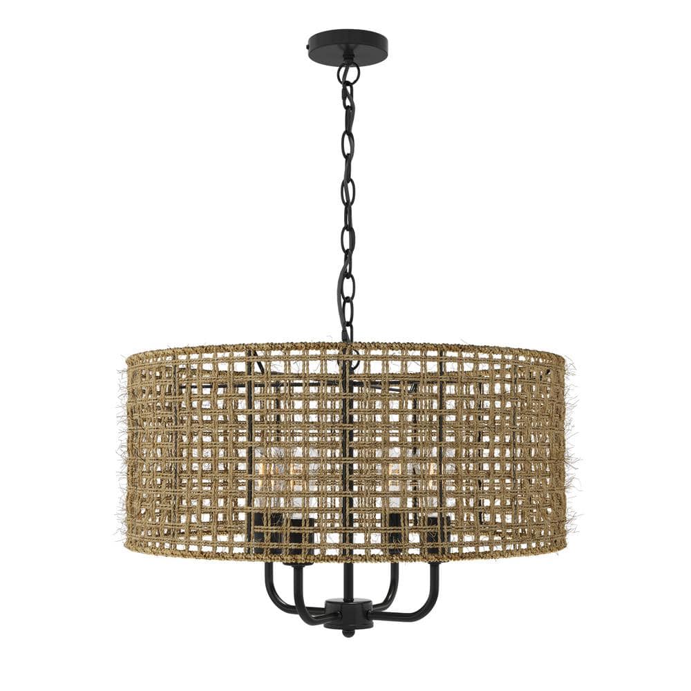 Modern 19.68 in. 4-Light Bohemian Chandelier with Natural Woven Hemp Rope H