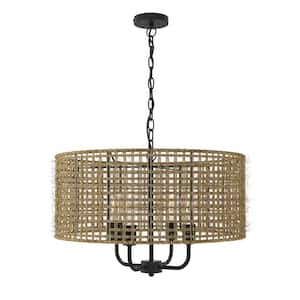 Modern 19.68 in. 4-Light Bohemian Chandelier with Natural Woven Hemp Rope Hanging Shade