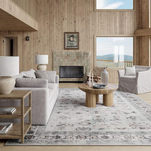 Dayflower Vintage Machine Washable Light Grey 9 ft. x 12 ft. Indoor/Outdoor Patio Rug