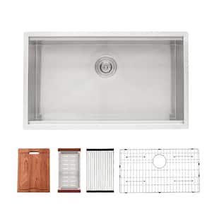 16-Gauge Stainless Steel 33 in. Single Bowl Zero Radius Corner Undermount Workstation Kitchen Sink with Basket Drainer