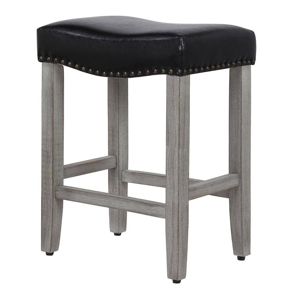 24" Antique Gray Leather Saddle Style Backless Bar Stool
