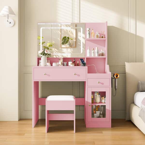 Vanity Set with Ottoman and Mirror Power Outlet and Hair Dryer Bracket Makeup Table with Drawers for Bedroom in Pink