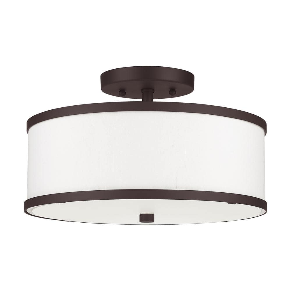 Bronze 2-Light Drum Ceiling Mount with Off-White Fabric Shade