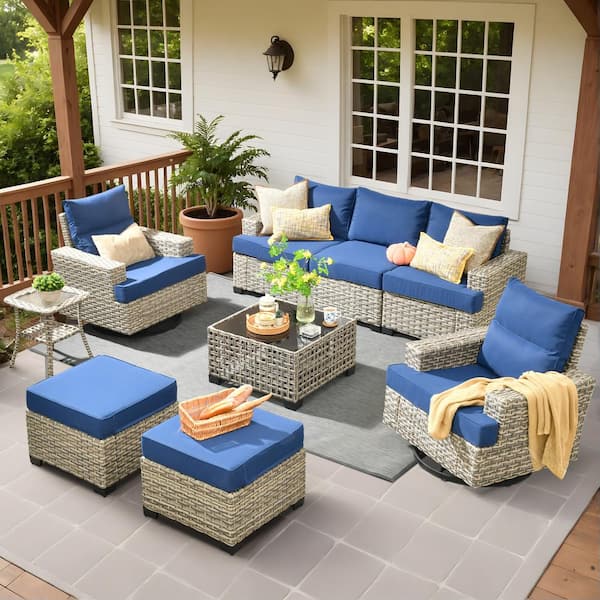 HOOOWOOO Kelleys 9-Piece Wicker Outdoor Patio Conversation Sofa Furniture Set with Swivel Chairs, Tables and Navy Blue Cushions