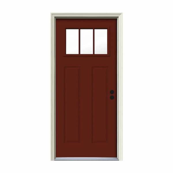 JELD-WEN 34 in. x 80 in. 3 Lite Craftsman Mesa Red Painted Steel Prehung Left-Hand Inswing Front Door w/Brickmould