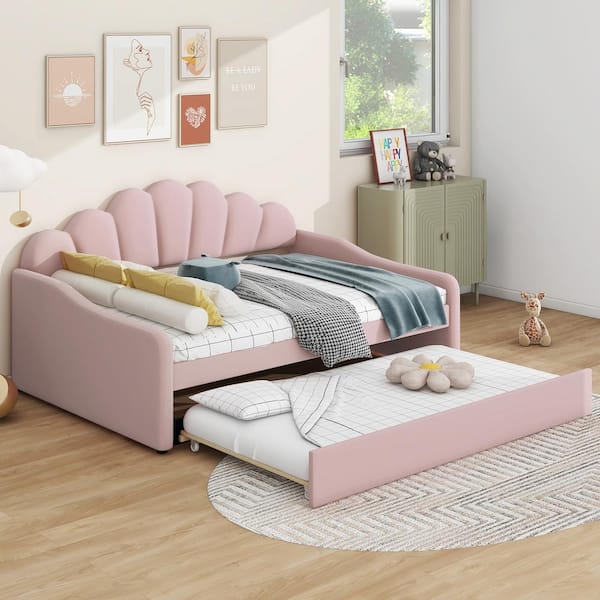 Harper & Bright Designs Pink Full Size Velvet Upholstered Daybed with Shall Shaped Backrest, Armrests and Trundle