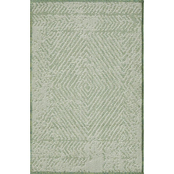 LOOMAKNOTI Breyleigh Carzon Cream/Green 2 ft. x 3 ft. Geometric Polypropylene Indoor/Outdoor Area Rug