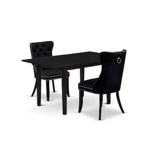 3-Piece Black Finish Rectangular Solid Wood Top with Butterfly Leaf Dining Table Set
