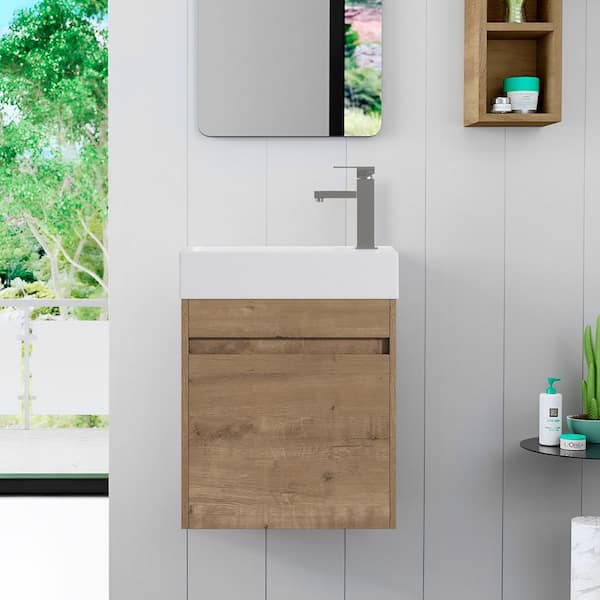 Unbranded 18 in. W x 10.2 in. D x 22.8 in. H Floating Bath Vanity in Imitative Oak with White Resin Sink Top and Soft Closing Door